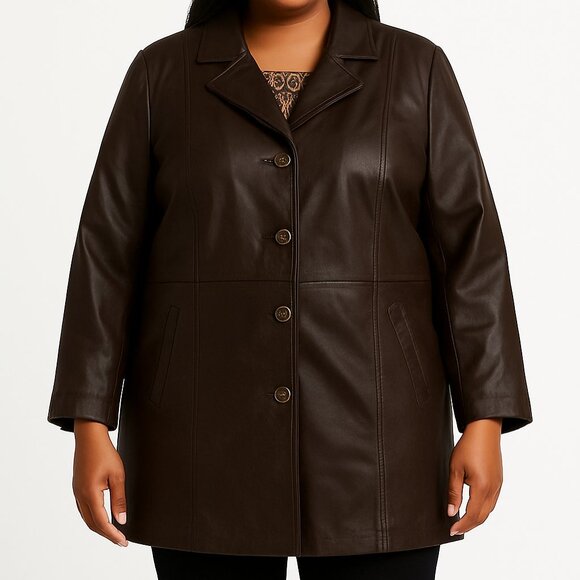 Maggie Barnes Brown Genuine Leather Button Front Long Sleeve Coat Womens Plus 4X - Picture 1 of 16
